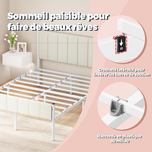 Cadre De Lit Double, 140 X 190 Cm, Avec Tête De Lit Rembourrée, Supporte Jusqu'à 500 Kg, Beige