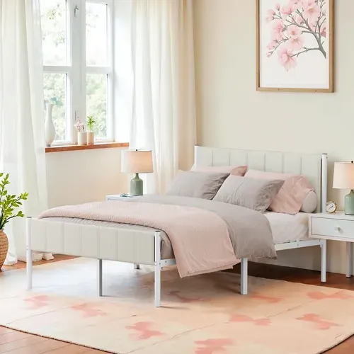 Cadre De Lit Double, 140 X 190 Cm, Avec Tête De Lit Rembourrée, Supporte Jusqu'à 500 Kg, Beige