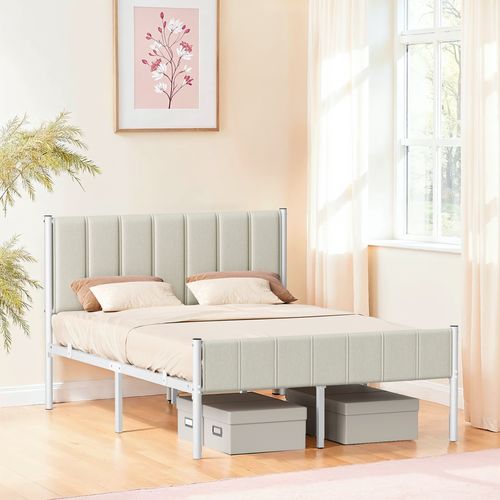 Cadre De Lit Double, 140 X 190 Cm, Avec Tête De Lit Rembourrée, Supporte Jusqu'à 500 Kg, Beige