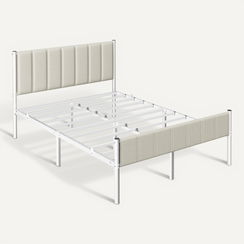 Cadre De Lit Double, 140 X 190 Cm, Avec Tête De Lit Rembourrée, Supporte Jusqu'à 500 Kg, Beige