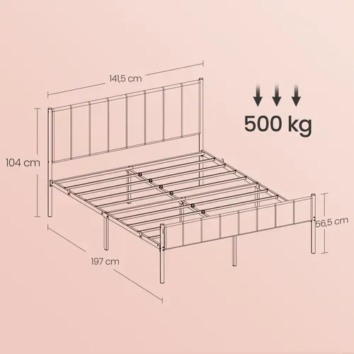 Cadre De Lit Double, 140 X 190 Cm, Avec Tête De Lit Rembourrée, Supporte Jusqu'à 500 Kg, Beige