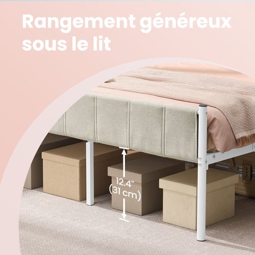 Cadre De Lit Double, 140 X 190 Cm, Avec Tête De Lit Rembourrée, Supporte Jusqu'à 500 Kg, Beige