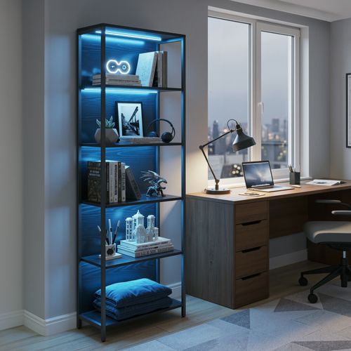 Bibliothèque Sur 6 Niveaux, Avec LED , étagère Réglable, Cadre En Acier, Noir
