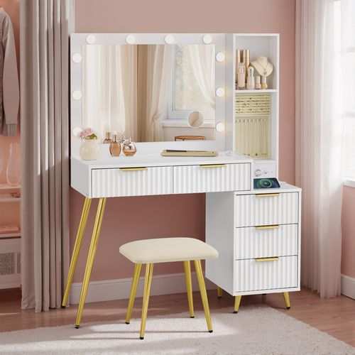 Table De Maquillage, Avec Miroir Et Tabouret, éclairage LED, Multiprise, 40 X 110 X 135 Cm, Blanc