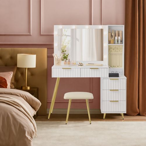 Table De Maquillage, Avec Miroir Et Tabouret, éclairage LED, Multiprise, 40 X 110 X 135 Cm, Blanc