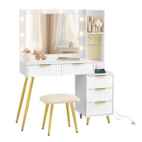 Table De Maquillage, Avec Miroir Et Tabouret, éclairage LED, Multiprise, 40 X 110 X 135 Cm, Blanc