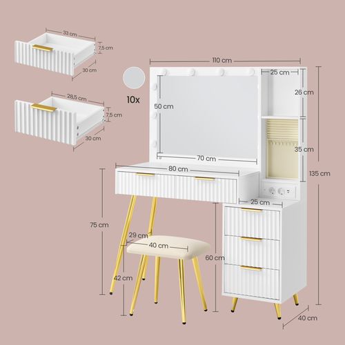 Table De Maquillage, Avec Miroir Et Tabouret, éclairage LED, Multiprise, 40 X 110 X 135 Cm, Blanc