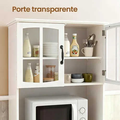 Armoire De Cuisine Avec Étagères Réglables, Buffet De Rangement, Portes En Verre, Moderne, Blanc