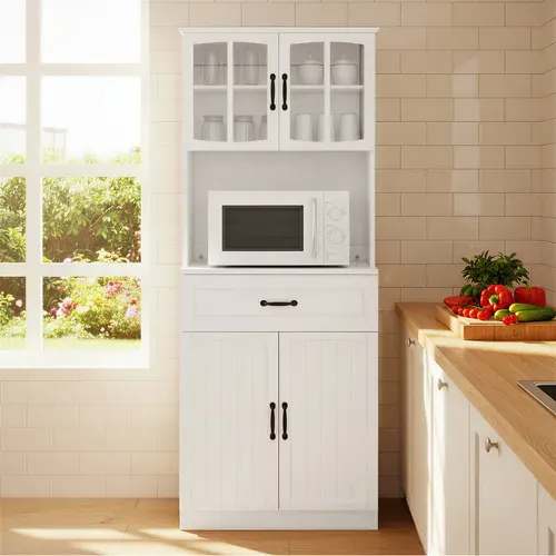Armoire De Cuisine Avec Étagères Réglables, Buffet De Rangement, Portes En Verre, Moderne, Blanc