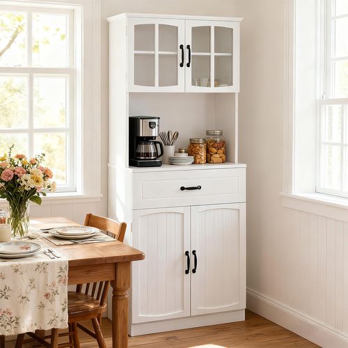 Armoire De Cuisine Avec Étagères Réglables, Buffet De Rangement, Portes En Verre, Moderne, Blanc