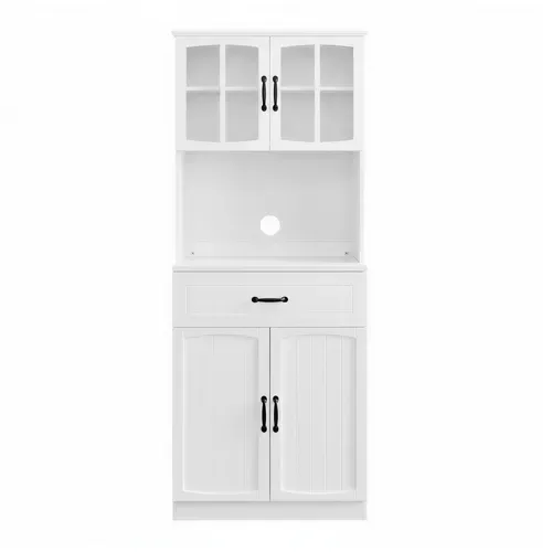 Armoire De Cuisine Avec Étagères Réglables, Buffet De Rangement, Portes En Verre, Moderne, Blanc