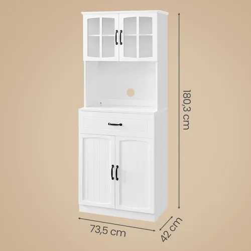 Armoire De Cuisine Avec Étagères Réglables, Buffet De Rangement, Portes En Verre, Moderne, Blanc