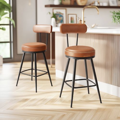 Lot De 2 Chaises De Bar, Tabourets Rembourrés En Pu, Style Mi-siècle, 65 Cm, Marron