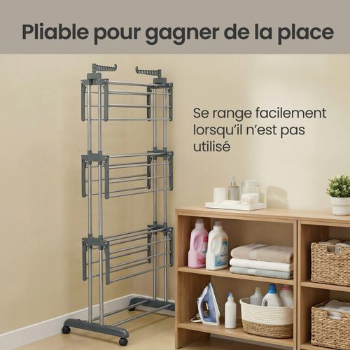 étendoir à Linge à 4 Niveaux, Séchoir Pliable à Roulettes, 63,5 X 128 X 173 Cm, Gris