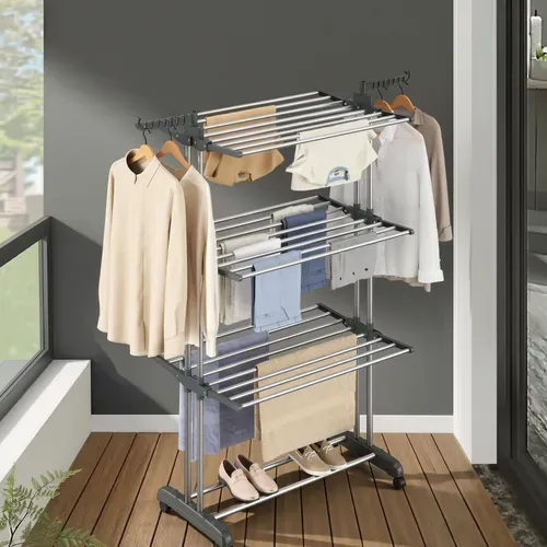 étendoir à Linge à 4 Niveaux, Séchoir Pliable à Roulettes, 63,5 X 128 X 173 Cm, Gris