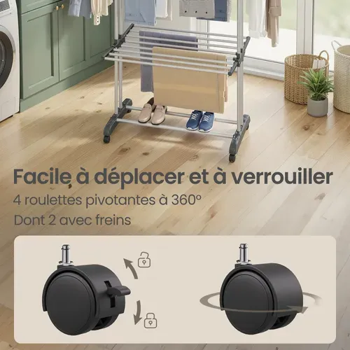 étendoir à Linge à 4 Niveaux, Séchoir Pliable à Roulettes, 63,5 X 128 X 173 Cm, Gris