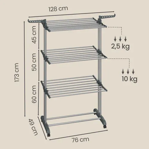 étendoir à Linge à 4 Niveaux, Séchoir Pliable à Roulettes, 63,5 X 128 X 173 Cm, Gris