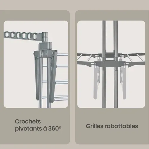étendoir à Linge à 4 Niveaux, Séchoir Pliable à Roulettes, 63,5 X 128 X 173 Cm, Gris