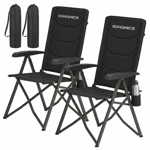 Chaise De Camping, Lot De 2, Dossier Réglable 95°-150°, Porte-gobelet, Sac De Transport, Pêche, Noir