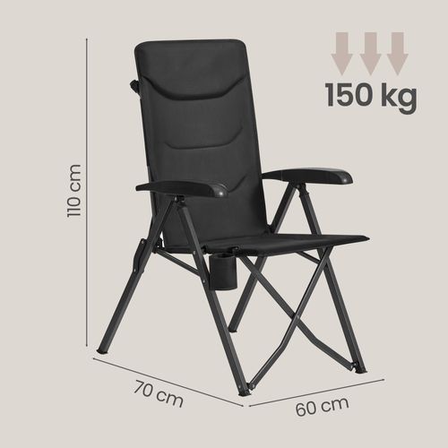 Chaise De Camping, Lot De 2, Dossier Réglable 95°-150°, Porte-gobelet, Sac De Transport, Pêche, Noir