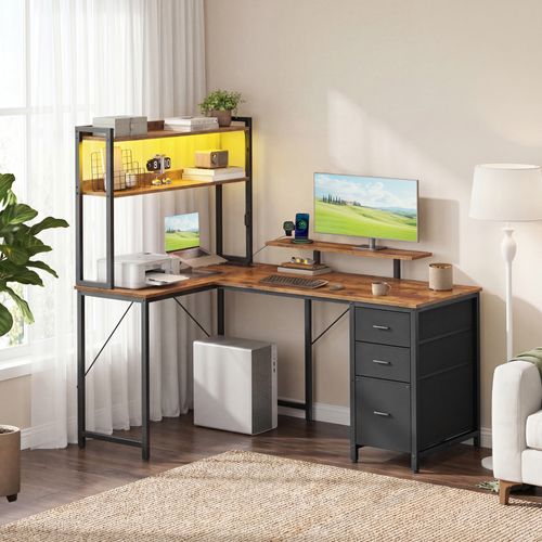 Bureau D'angle Gamer Avec LED, Prises USB Et 3 Tiroirs, 140 X 100 X 150 Cm, Marron Rustique