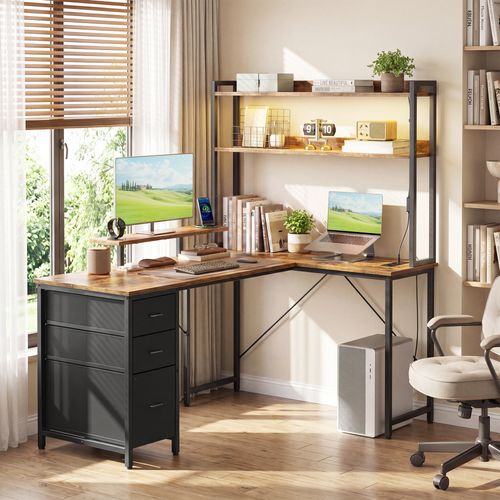 Bureau D'angle Gamer Avec LED, Prises USB Et 3 Tiroirs, 140 X 100 X 150 Cm, Marron Rustique