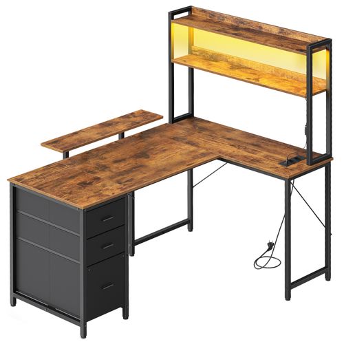Bureau D'angle Gamer Avec LED, Prises USB Et 3 Tiroirs, 140 X 100 X 150 Cm, Marron Rustique