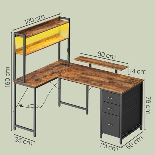 Bureau D'angle Gamer Avec LED, Prises USB Et 3 Tiroirs, 140 X 100 X 150 Cm, Marron Rustique