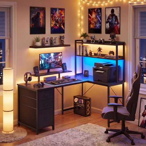 Bureau D'angle Gamer Avec LED, Prises USB Et 3 Tiroirs, 140 X 100 X 150 Cm, Noir