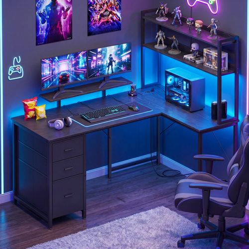 Bureau D'angle Gamer Avec LED, Prises USB Et 3 Tiroirs, 140 X 100 X 150 Cm, Noir