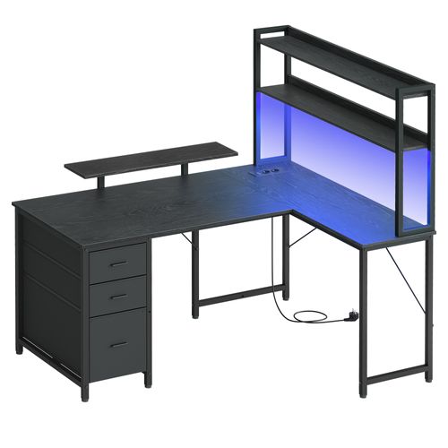 Bureau D'angle Gamer Avec LED, Prises USB Et 3 Tiroirs, 140 X 100 X 150 Cm, Noir