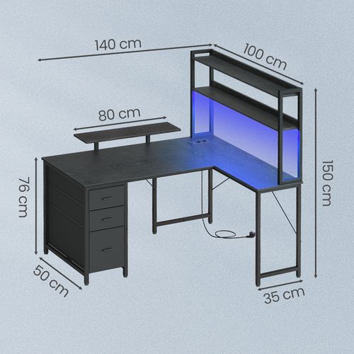 Bureau D'angle Gamer Avec LED, Prises USB Et 3 Tiroirs, 140 X 100 X 150 Cm, Noir