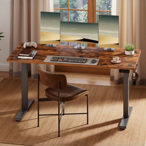 Bureau Assis-debout Réglable En Hauteur, Télétravail, Rappel De Sédentarité, 140 X 60 Cm, Marron
