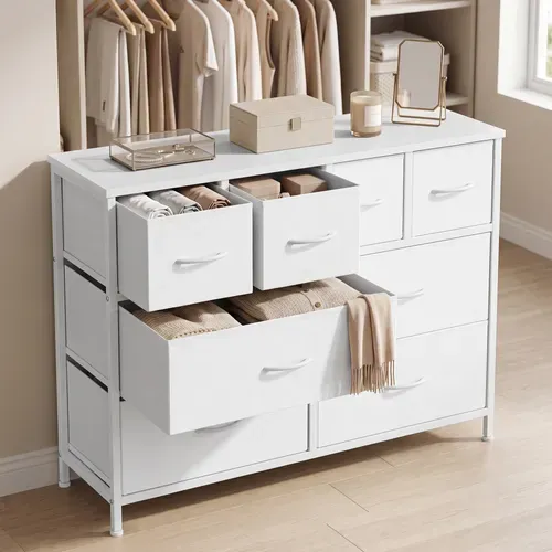 Commode Avec 8 Tiroirs En Tissu, Meuble De Rangement Pour Chambre, 98,7 X 30 X 74,7 Cm, Blanc