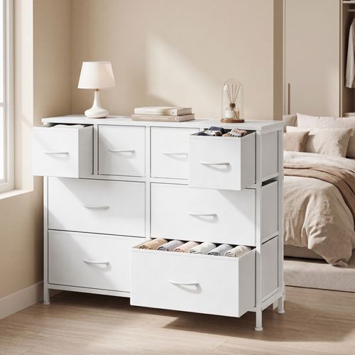 Commode Avec 8 Tiroirs En Tissu, Meuble De Rangement Pour Chambre, 98,7 X 30 X 74,7 Cm, Blanc