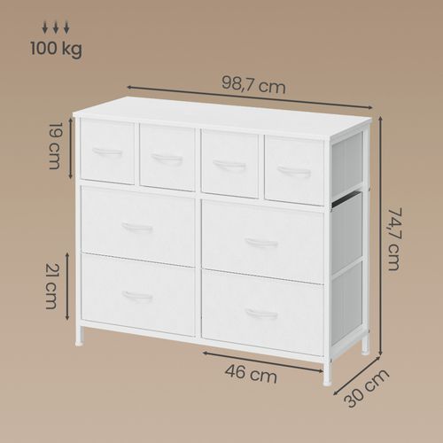 Commode Avec 8 Tiroirs En Tissu, Meuble De Rangement Pour Chambre, 98,7 X 30 X 74,7 Cm, Blanc