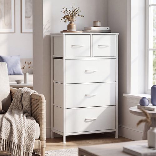 Commode, 5 Tiroirs En Tissu Non-tissé, Pour Chambre, Blanc