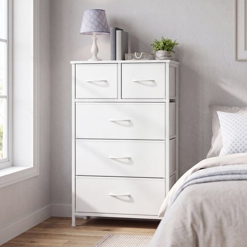 Commode, 5 Tiroirs En Tissu Non-tissé, Pour Chambre, Blanc