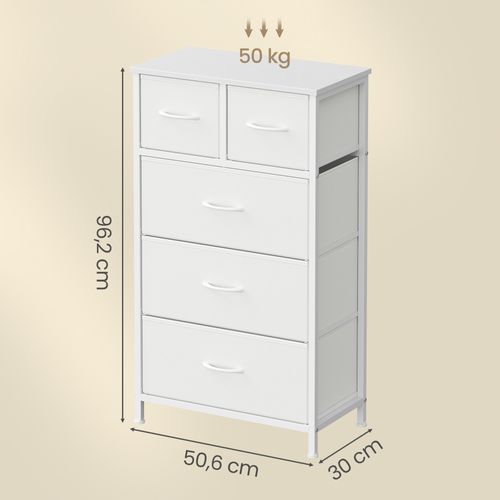 Commode, 5 Tiroirs En Tissu Non-tissé, Pour Chambre, Blanc