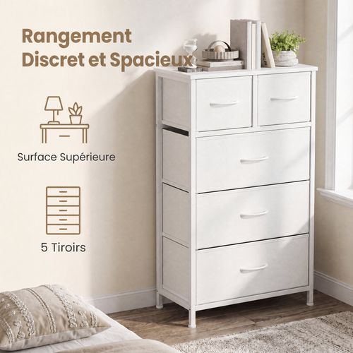 Commode, 5 Tiroirs En Tissu Non-tissé, Pour Chambre, Blanc