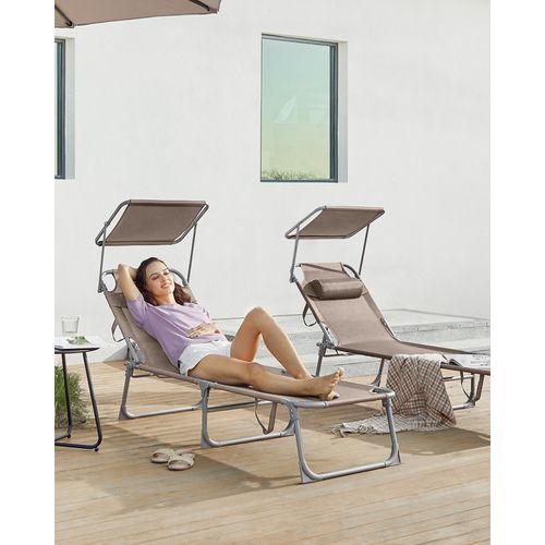 Transat, Lot De 2, 193 X 53 X 29 Cm, Avec Appuie-tête, Pare-soleil Et Dossier Réglable, Taupe