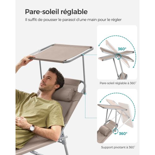 Transat, Lot De 2, 193 X 53 X 29 Cm, Avec Appuie-tête, Pare-soleil Et Dossier Réglable, Taupe