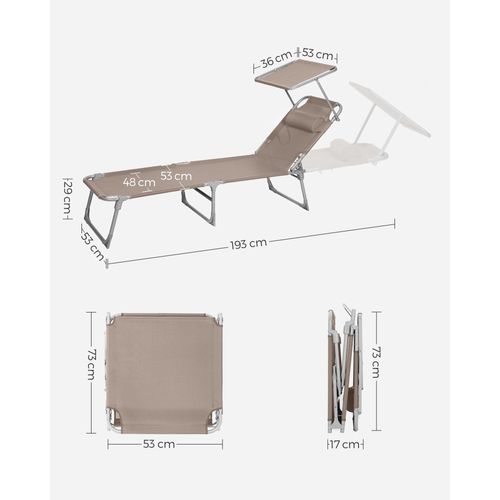 Transat, Lot De 2, 193 X 53 X 29 Cm, Avec Appuie-tête, Pare-soleil Et Dossier Réglable, Taupe