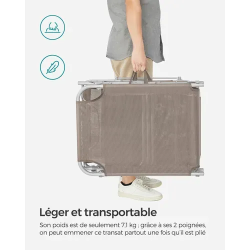 Transat, Lot De 2, 193 X 53 X 29 Cm, Avec Appuie-tête, Pare-soleil Et Dossier Réglable, Taupe