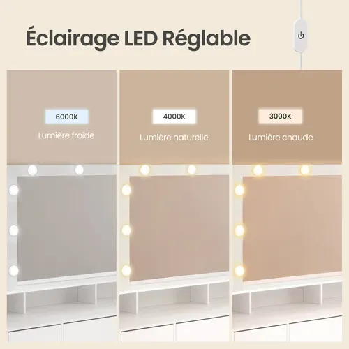 Coiffeuse Avec Miroir éclairé LED Et Prises, 10 Tiroirs, 137 X 40 X 144,3 Cm, Blanc