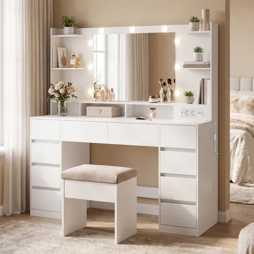Coiffeuse Avec Miroir éclairé LED Et Prises, 10 Tiroirs, 137 X 40 X 144,3 Cm, Blanc