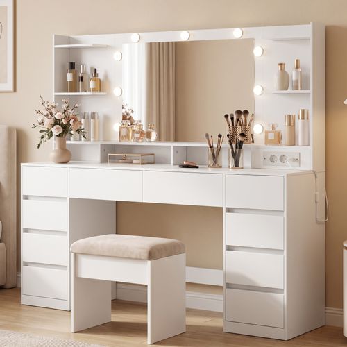 Coiffeuse Avec Miroir éclairé LED Et Prises, 10 Tiroirs, 137 X 40 X 144,3 Cm, Blanc