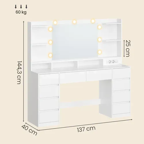 Coiffeuse Avec Miroir éclairé LED Et Prises, 10 Tiroirs, 137 X 40 X 144,3 Cm, Blanc