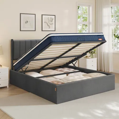 Lit Coffre Avec Matelas 140 X 190 Cm, Matelas mousse ressorts 20 cm, Bleu et gris, Ensemble complet