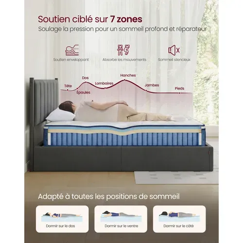 Lit Coffre Avec Matelas 140 X 190 Cm, Matelas mousse ressorts 20 cm, Bleu et gris, Ensemble complet